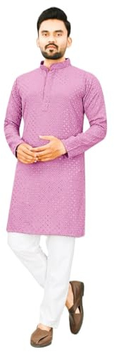 Estationeryhouse Pigiama Kurta da uomo dritto in cotone (Rayon) pesante ricamo anteriore e posteriore (viene fornito con pigiama bianco), Rosa polvere, L