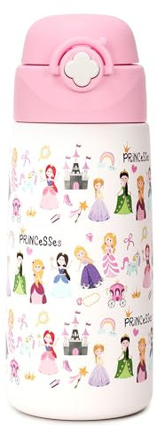 Kiocko Gourde Isotherme Pour Enfant Avec Paille,Acier Inoxydable - 500 Ml - Certifié TüV - Sans Bpa - Anti-Fuite - Bouteille D'Eau Isotherme Pour L'éCole, La Maternelle (Princesse)