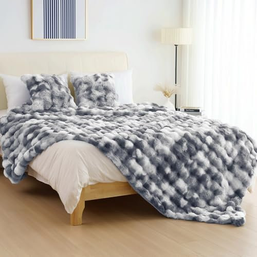 IKALIFE Coperta Pelliccia Sintetica Matrimoniale - Coperta Invernale Ultra Morbida Pelosa Plaid Pelliccia Finta Calda Extra Large per divano camera letto, 230 x 230 cm Grigio Bianco
