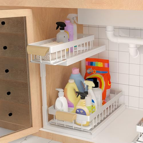 Yawinhe Rangement sous Évier Cuisine en Métal, Organisateur sous Evier Tiroir Coulissant à Extraction, Etagere pour Cuisine, Blanc