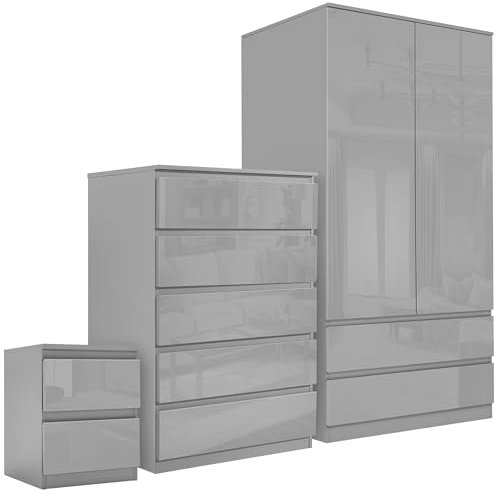 Blisswood High Gloss Bedroom Furniture Set 3 Piece Bedroom Set with Gloss 2 Door Wardrobe 5 Drawer Chest of Drawers + 2 Drawer Bedside Table Cabinet for Bedroom Storage Set, Grey