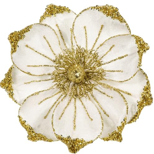 Briful 6 Stücke Weihnachtsblumen Christbaumschmuck Magnolie Kunstblumen Wie Echt Weiß Kunstzweig Weihnachtliche Dekoration für Weihnachtsbaum Neujahr Dekoration