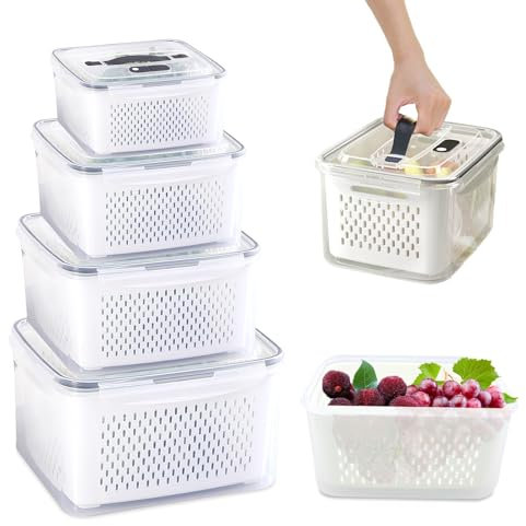 YapitHome 4 Set of Fridge Storage Fruit Vegetable Storage with Drain Baskets Multifunctional Plastic Fridge Organizer Sets with Lids and Handles for Picnic Party Travel Kitchen