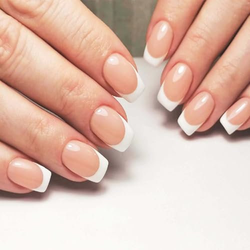 24Pcs French Tip False Nail - Square Short False Nails - White French Tip Square Shape with Radian Press on Nails - Glossy Full Cover Glue on Nails DIY Gifts for Women Girls