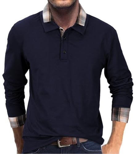 HMIYA Herren Poloshirt-Langarm Karierter Kragen Poloshirt aus Baumwolle atmungsaktiv Golf Casual T-Shirt,Navy,XL