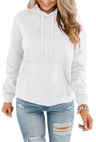 Timuspo Damen Weißer Hoodie Herbst Winter Kapuzenpulli Einfarbig Pullover mit Taschen Baumwolle Kapuzenpullover Sweatshirt S