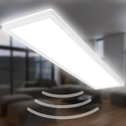 BRILONER - LED Deckenlampe mit Bewegungsmelder, 98x20x3cm, flach, IP44 Spritzwasserschutz, Deckenleuchte, LED Panel, Badlampe, Badezimmerlampe, Küchenlampe, Feuchtraumleuchte, Weiß