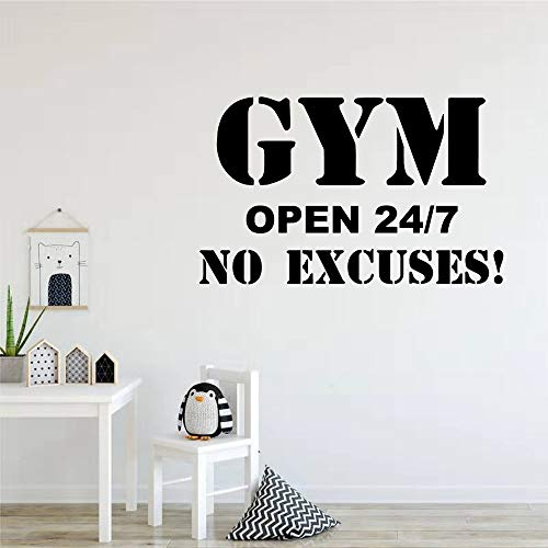 WANGSHUAIS Adhesivo de pared blanco y negro - Gym open 24/7, sin excusas, adecuado para dormitorio, sala de estar, etc., vinilo impermeable para pared, 68 x 42 cm.