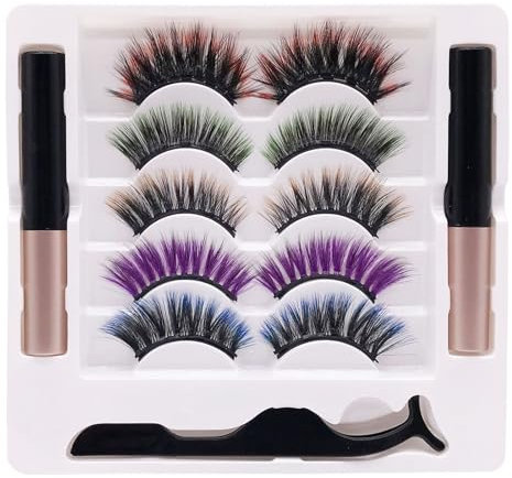 5 Paar Farbige Magnetische Wimpern, Künstliche Magnet Wimpern Set Mit 2 Magnetischen Eyelinern Und 1 Pinzette, Leicht Aufzutragende, Wiederverwendbare Farbige Magnet Wimpern Kit