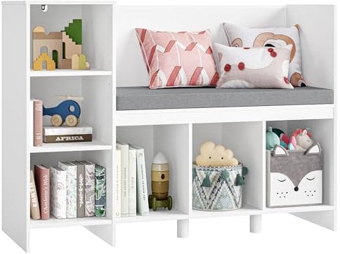 HOCSOK Kids Bookcase, 110 cm Toy Shelf with Seat Cushion, 6 Cube Storage Unit for Study, Play, Living Room, White, 80.5×40×110cm