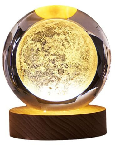 Mrisata 3D Mond Kristall Ball Nachtlicht, Mond Kristall Kugellampe Kosmische Kugeln Hologramm Glas Lampe mit Holz Basis Geeignet für Heim Dekoration, Galaxy Planet Nachtlicht