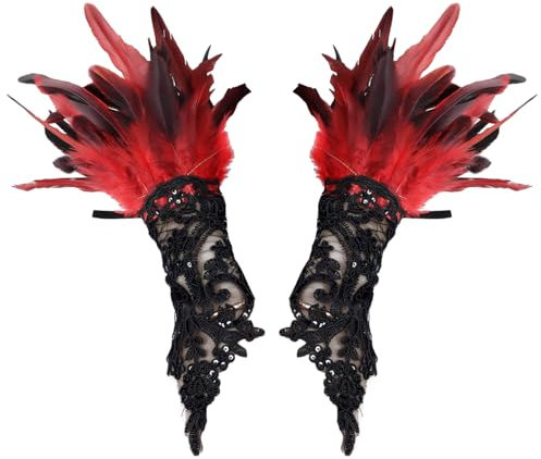 Chyuxinda 1 Paar Damen Feder Handschuhe Gothic Lace Netzhandschuhe Fingerlose Hexenhandschuhe für Halloween Karneval Fasching Party Hochzeit Cosplay (rot, Einheitsgröße)