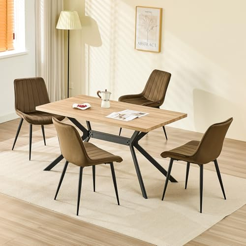 LEWE Esszimmergruppe, Esstisch aus Holz mit 4 Holland Samt Stühle Set, 140 x 80 x 76 cm Tisch, für Esszimmer Küche Wohnzimmer, Langlebig, Rechteckiger Esstisch aus Hellem Holz und Braune Stühle