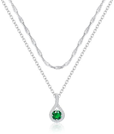 Mesovor Silber Unendlichkeit Geburtsstein Ketten für Damen, Zierliche Wasserwellen Kette | Versilberte Mehrreihige Halsketten Geschenke (Grün)