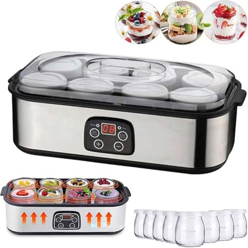 OZMDXKJ Yogurtera Inteligente con 8 Tarros, 1400ml Temperatura Ajustable y Control Tiempo Máquina Hacer Yogur Casero Automático Fresco para Preparar Postres Caseros Frescos y Saludables,Silver