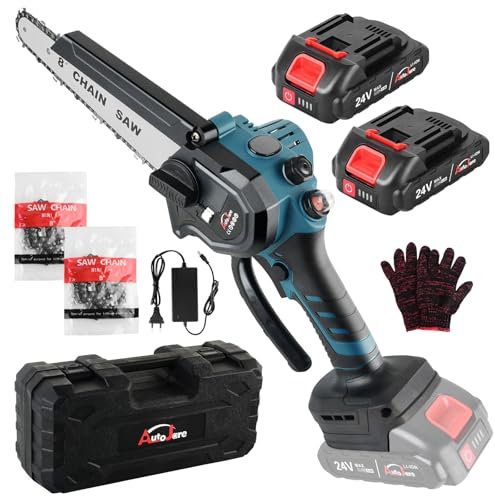 AUTOJARE Mini Kettensäge 8 zoll Akku Kettensäge mit Automatischer Öler 2 Batterien und 2 Ketten 1000W Handkettensäge 24V Tragbare Elektro Säge zum Schneiden von Zweigen und Holz