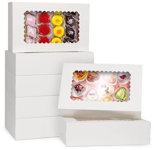 GXFCING 24 Stück Weiße Transportbox mit Sichtfenster 25,4 x 15,3 x 6,4 cm Kuchenboxen Gebäckkarton Transportbox Geschenkbox für Weihnachten Party Kuchen Cookie Muffin Kekse Torten Cupcake Boxen