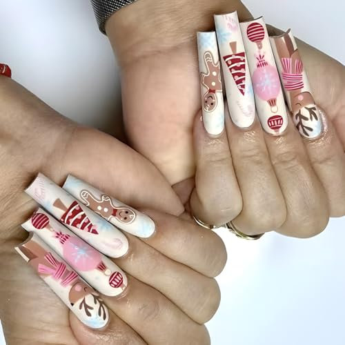 Künstliche Nägel zum Aufdrücken, Schneeflocke mit Rentier-Designs, lang, quadratisch, Acryl, künstliche Nägel für Frauen