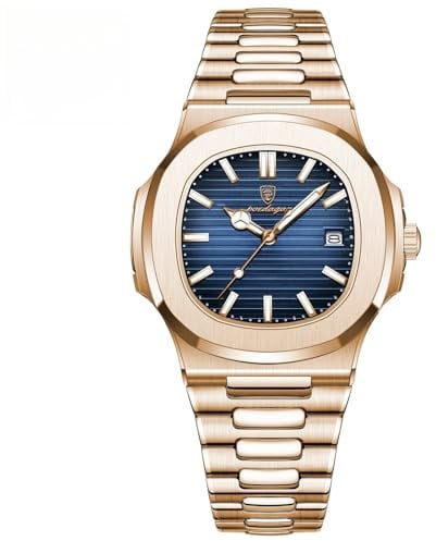 Poedagar Montre à quartz pour homme avec bracelet en acier inoxydable, étanche, lumineuse, date, carrée