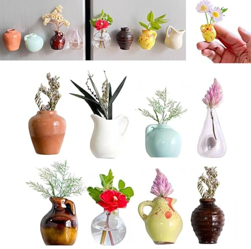 Mini calamite da frigorifero in ceramica 3D, vaso da fiori in ceramica carino per vaso per piante, magnete da frigorifero, montaggio a parete, fiore non incluso (8 pezzi)