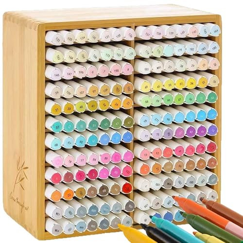 JUNSHUO Bamboo Desktop Marker Pen Storage Box, Efficient Storage, Wooden Desktop Storage Hold 126 Markers, With Compartments, All-In-One For Home Office Desk Classroom