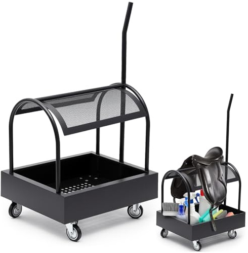 Datanly Black Metal Saddle Cart with Storage Box Built-in Grooming Organizer Fits Western English Saddles 360° Swivel Wheels Heavy Duty Caster Wheels