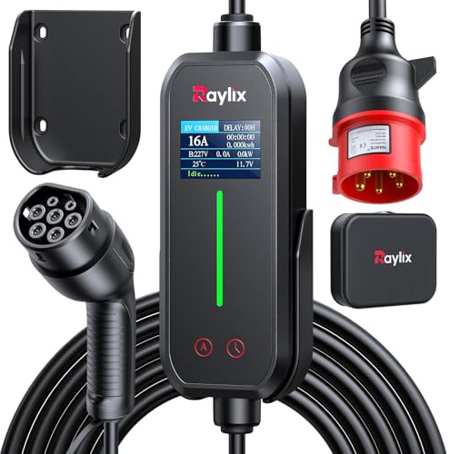 Raylix 2026 Neu 11kW Mobile Wallbox Typ 2 Ladekabel (7m 8A-16A 3-Phasig) mit Stromzähler & Einstellbarem Strom & Verzögertem Laden, Ladekabel CEE 16A auf Typ 2 und Ladestation Ladeziegel EV Charger