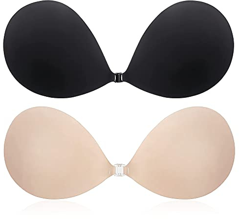 CatoFree Push Up Sticky Bra for Women, 2 Pack Reusable Backless Strapless Invisible Adhesive Bra for Evening Dress-Nude+Black
