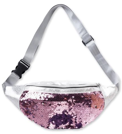 Bauchtasche Damen Silber Glitzer - Pailletten Hüfttasche wasserdicht & reflektierend, mit Reißverschluss-Fächern für Festival, Karneval, Sport, Reisen & Party | Gürteltasche Metallic (Rosa)