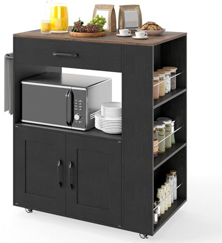 COSTWAY Küchenwagen mit Rollen, Servierwagen mit Arbeitsplatte, Schublade & 3 Gewürzregalen, mobiler Kücheninsel Holz, Mikrowellenschrank für Küche Esszimmer (Schwarz,75 x 46 x 90,5 cm)