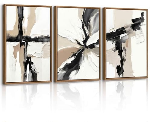 3 Pcs Neutral Abstrakt Leinwand Bilder Mit Rahmen, Modern Schwarz und Weiß Beige Bild Auf Leinwand Wandkunst Minimalistisch Wandbilder Wanddeko Deko für Wohnzimmer Schlafzimmer Küchen 30X40cmX3 Pcs