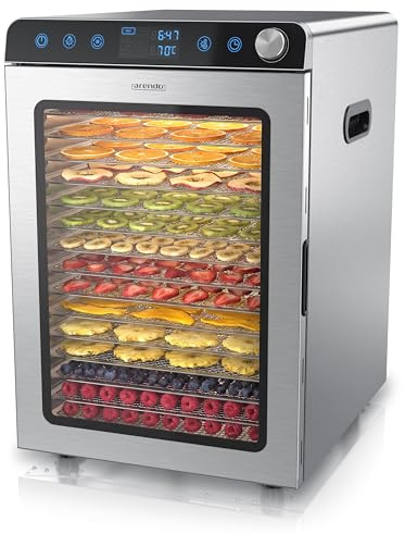 Arendo - Dörrautomat Edelstahl mit 16 Edelstahlgitter - 1000 Watt - 13400 cm² - 8 Programme - Dörrgerät Dehydrator Obsttrockner Dörrapparat - Obst Fleisch Pilze uvm - LED Touch Control Drehregler