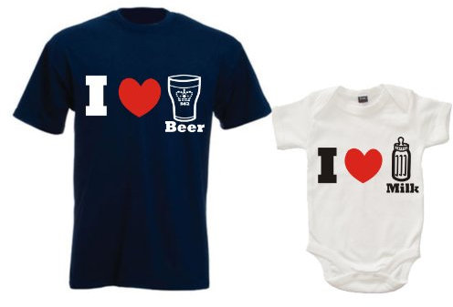 DADDY I LOVE BEER T-SHIRT UND BABY BODY, I LOVE MILK SET'