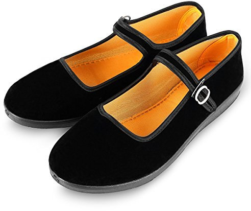APIKA Frauen Velvet Mary Jane Schuhe Schwarz Baumwolle Old Peking Stoff Flache Schuhe Yoga Training Tanz Schuhe,Schwarz,37 EU
