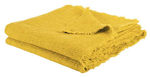 Honeybee-Plaid – weiche Decke aus Leinen – einfarbig gewebtes Plaid mit Fransen aus Naturmaterialien – 130x180 cm – 160 curry – von ’zoeppritz since 1828’