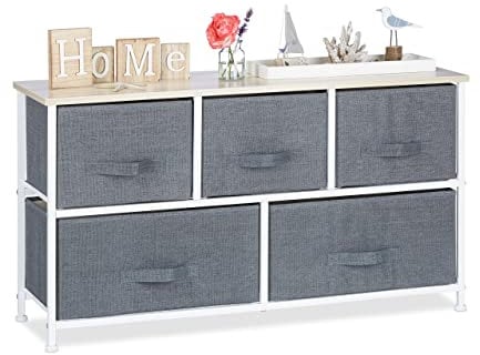Relaxdays Regalsystem, 5 Stoff-Schubladen, HxBxT: 54,5 x 100 x 30 cm, universale Schubladenbox, Metall und Holz, grau, Design: E, Variante E