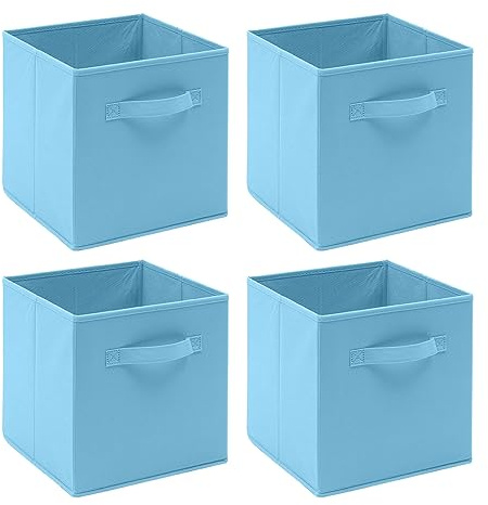 BOJU 4pcs Foldable Canvas Storage Box Blue Fabric Unit Storage Cube Basket Bin for Kids Toy Nursery Clothes Wardrobe