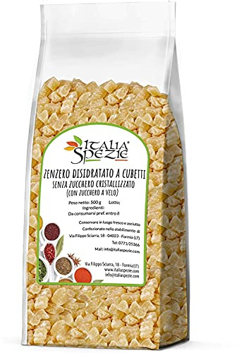 Zenzero Disidratato A Cubetti - 500 G Senza Zucchero Cristallizzato (Con Zucchero A Velo) - Prima Qualità - Ginger Candito Essiccato - Snack - Frutta Disidratata - Secca - Candita - Italia Spezie