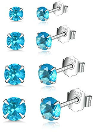 Shuxin Damen Ohrstecker Silber, 4 Paare 925 Sterling Silber Zirkonia Ohrstecker Ohrringe Set, Hypoallergen Unisex Klein Schlafen Knorpel Ohrstecker mit Aquamarin Blau Zirkonia, Größe in 3, 4, 5, 6mm