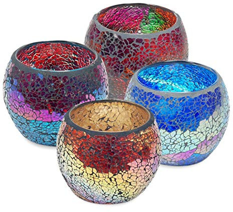 Set 4 Grands Photophores Multicolores en Verre craquelé, Diamètre 12,5 cm