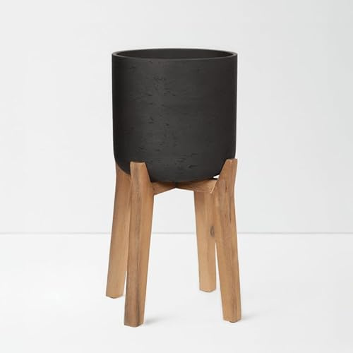 Finestgreen Charlie Feet High | Handgefertigtes Pflanzgefäß auf Holzfüßen (L Ø:32 H:51,5 cm, Schwarz) | Pottery Pots