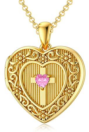SOULMEET Personalisierbare Halskette mit Kreuz-Medaillon aus goldfarbenem Geburtsstein, für 1 Foto, Geburtsstein, Geschenk für Damen und Herren, Metall, Zirkonia