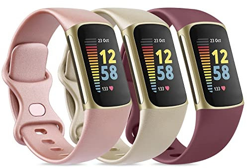 3 Pack Sport Bands Compatible with Fitbit Charge 5 Bands for Women Men, Classic Soft Silicone Replacement Wristbands for Fitbit Charge 5 Fitness Tracker (Large,Rose Gold/Champagne Gold/Wine Red)