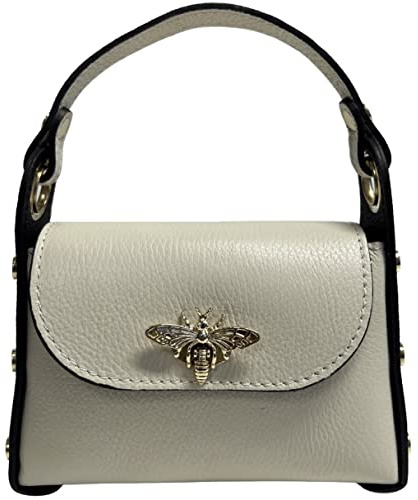 Modarno Mini-Tasche aus echtem Dollar Leder mit Karabinerverschluss in Bienenform, seitliche Nieten, abnehmbare Metallkette, Ledergriff