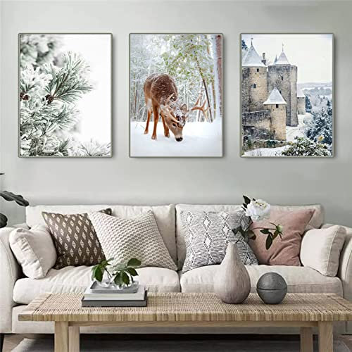 EXQULEG 3er Premium Poster Set - Ohne Rahmen, Modern Elch Winter Schneelandschaft Wandbilder Bilder für Wohnzimmer Schlafzimmer Büro Flur Wanddeko Kunst (40x50cm)