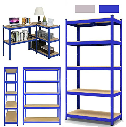 Schwerlastregal, 200x100x50cm, Blau 5 MDF-Platten Regal Lagerregal, Kellerregal, Steckregal, Werkstattregal, Metallregal, Bis 875KG Belastbar, 5 verstellbare Ablagen, Regal aus Metall, Garagenregal
