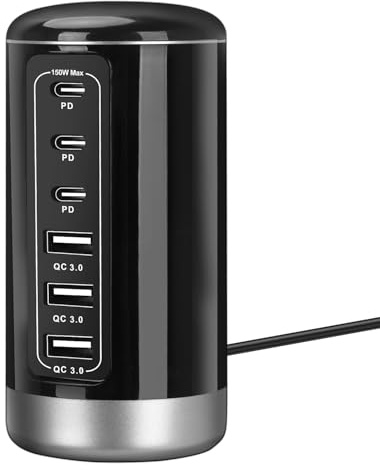 Caricatore usb multiplo carica batterie 60 W, universale 3 porte USB e 3 porte USB-C con tecnologia Smart Identification per iPhone 14/13, Samsung, Xiaomi, Pixel, iPad, Tablets (Gray)