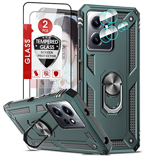 LeYi Hülle für Xiaomi Redmi Note 12 4G Ringhalter Handyhülle mit 2 Hartglas Handyfolie & 2 Kamerafolie,Robust Fallschutz Schutzhülle Stehfunktion Eckenschutz Handy Hüllen Outdoor Cover Grün