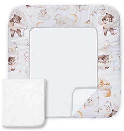 Balbina Wickeltischauflage Baumwolle, Waschbare Unterlage zum Wickeln, Wickelauflage mit Austauschbarem Frotteebezug, Widerstandsfähig & Robust, 70 x 60 cm, Bärchen auf Wolke, Beige