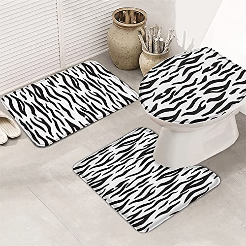 3 Teiliges Badteppich Set Tierische Zebra-Hautstruktur Anti-Rutsch Contour Badteppich Weiche Toilettensitzbezug Badematte